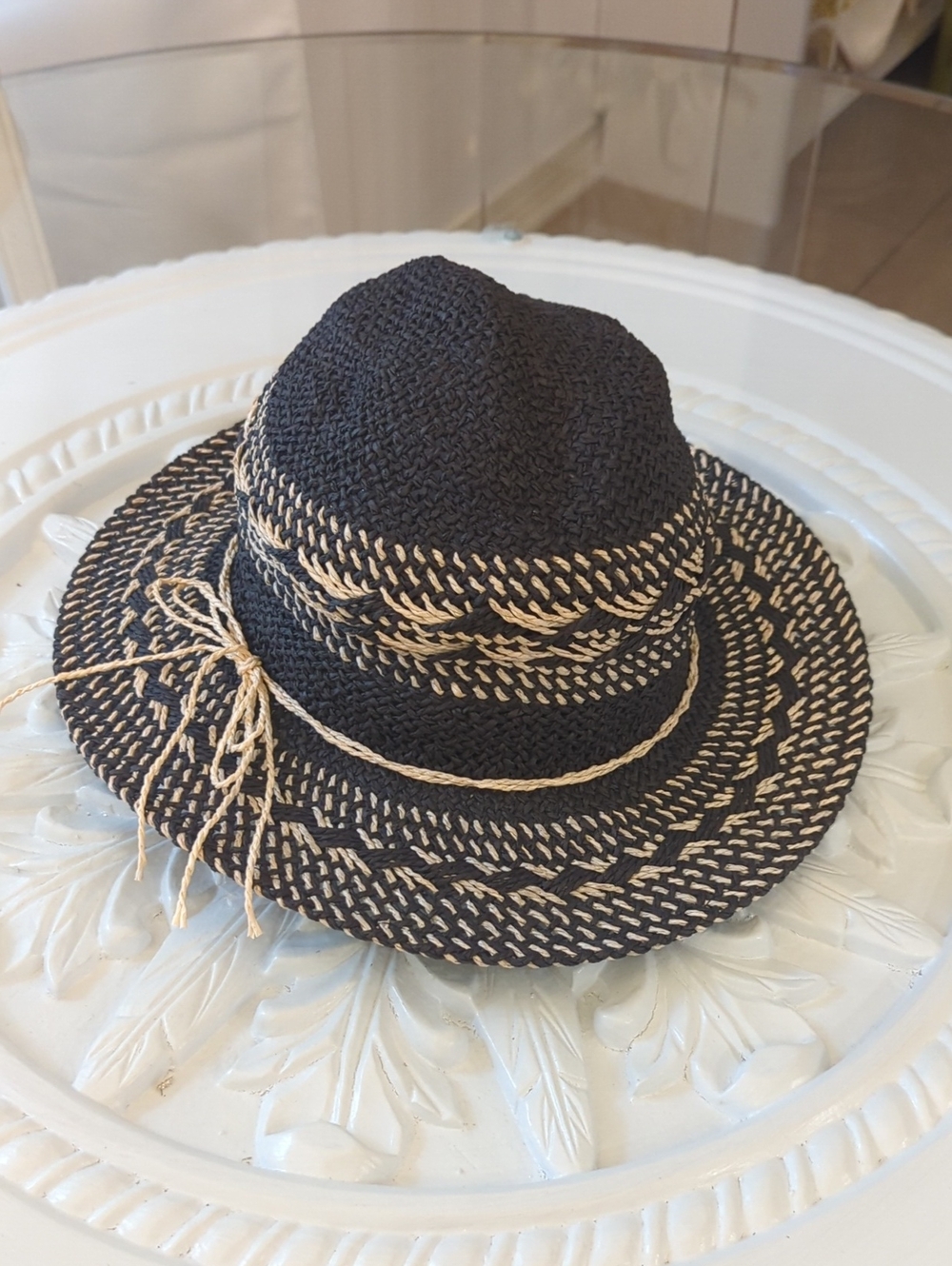 Ruggine Black and Natural 100% Paper Straw Braided Sun Hat One Size